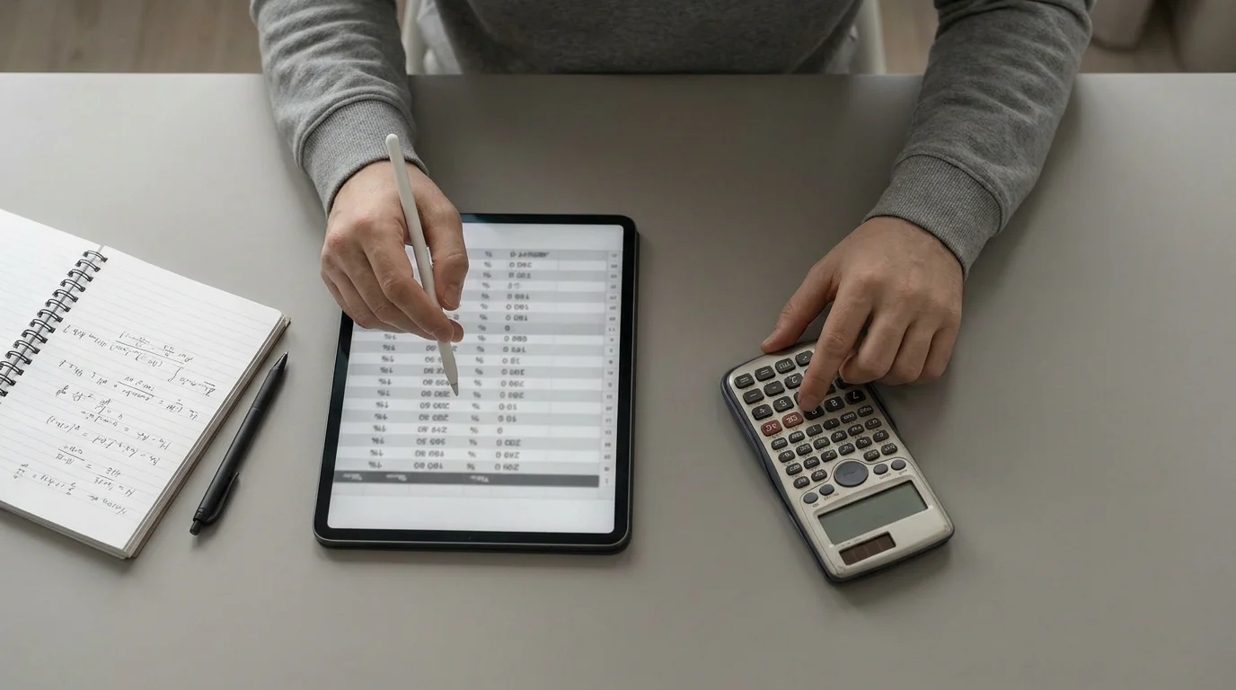 Persona usando calculadora y hoja de cálculo para analizar márgenes en apuestas de arbitraje