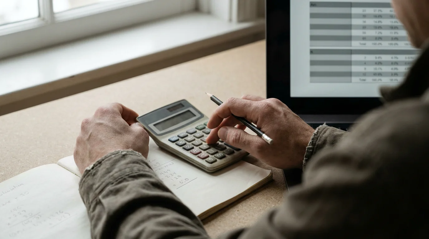 Manos trabajando con calculadora y notas sobre estadísticas deportivas