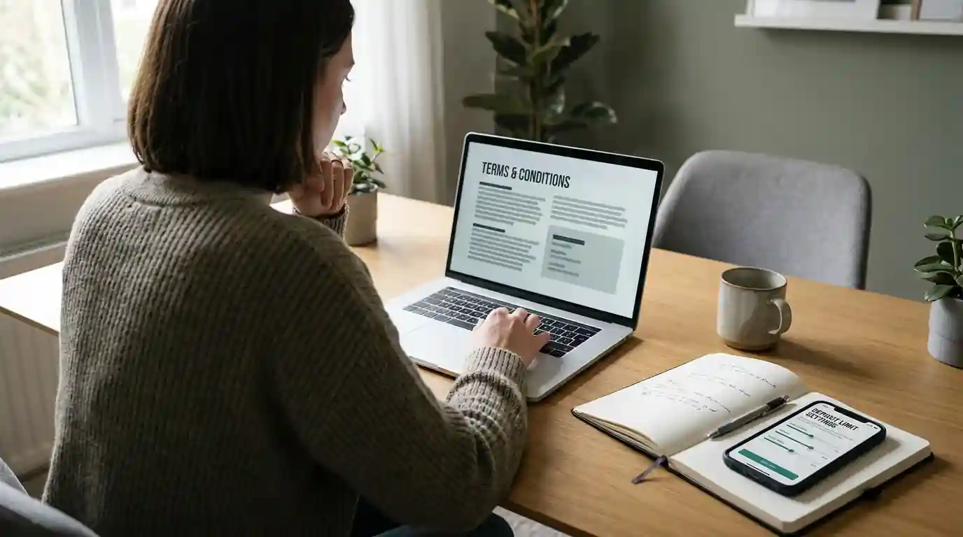 Persona revisando términos y condiciones en pantalla antes de configurar límites de depósito