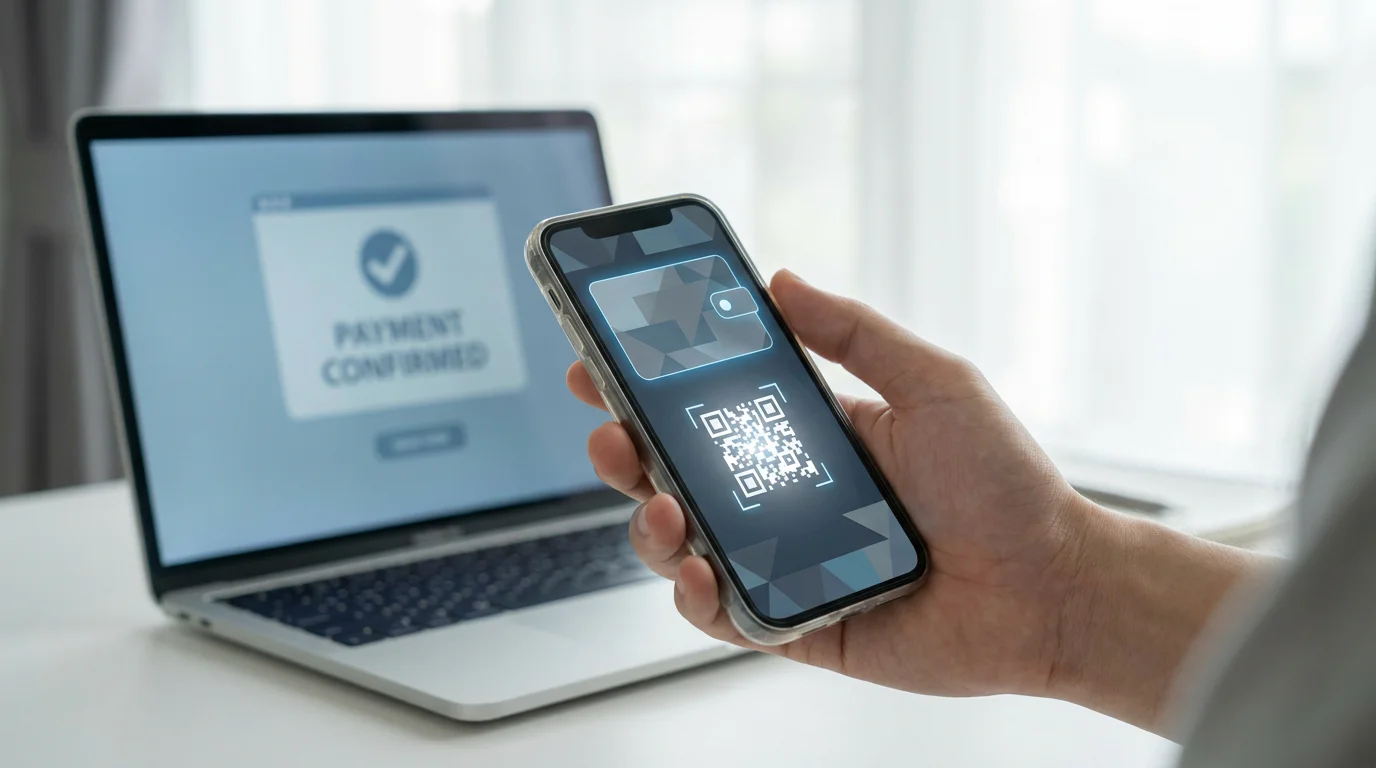 Interfaz de pago digital con código QR en pantalla de móvil para transacción con criptomonedas
