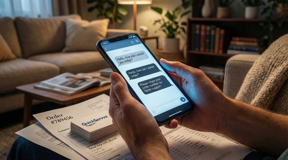 Persona usando el teléfono móvil para contactar con atención al cliente mientras revisa documentos