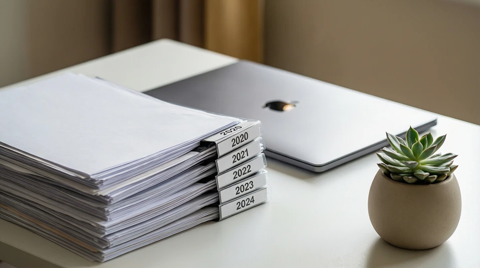 Escritorio organizado con carpetas etiquetadas por año y documentos fiscales ordenados