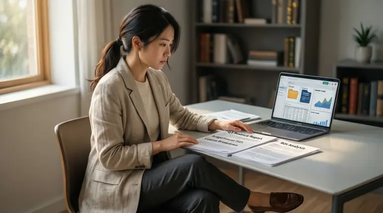 Persona revisando documentos fiscales en un escritorio moderno con ordenador portátil