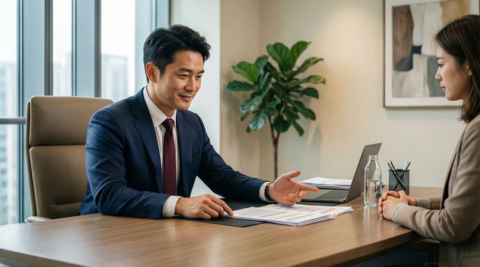 Profesional en reunión con cliente revisando documentos en un despacho
