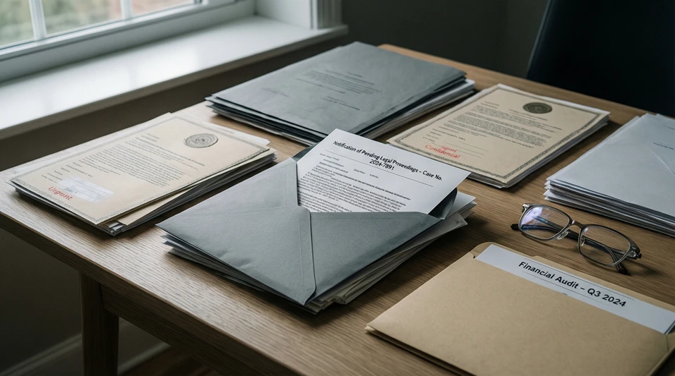 Documentos oficiales y sobres sobre un escritorio con una carta visible