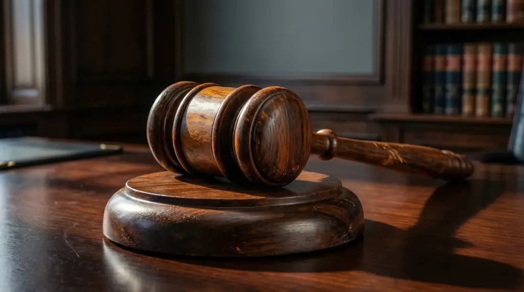 Mazo de juez sobre una mesa de madera pulida en un ambiente serio