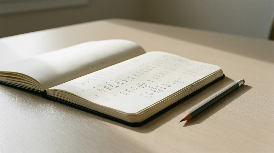 Cuaderno con anotaciones numéricas y sumas sobre un escritorio
