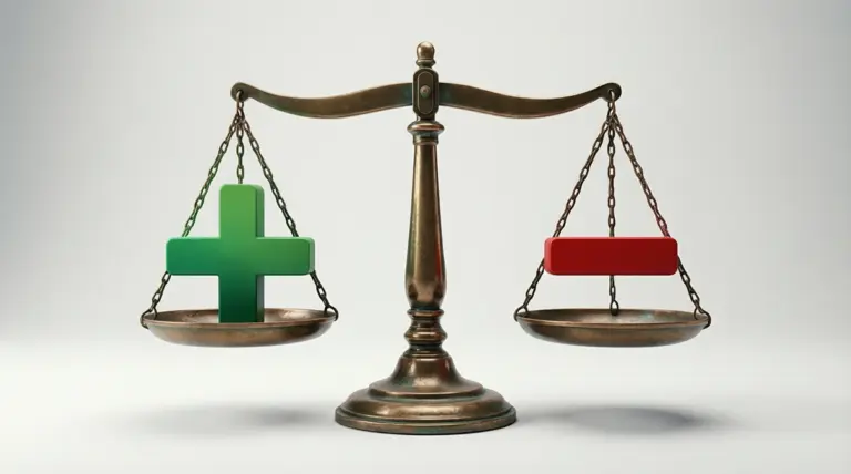 Balanza equilibrando símbolos de más y menos representando ganancias y pérdidas