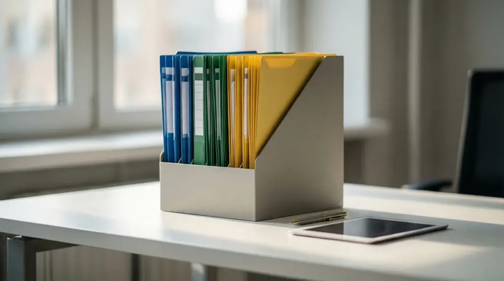 Archivador con carpetas organizadas por colores en un escritorio ordenado