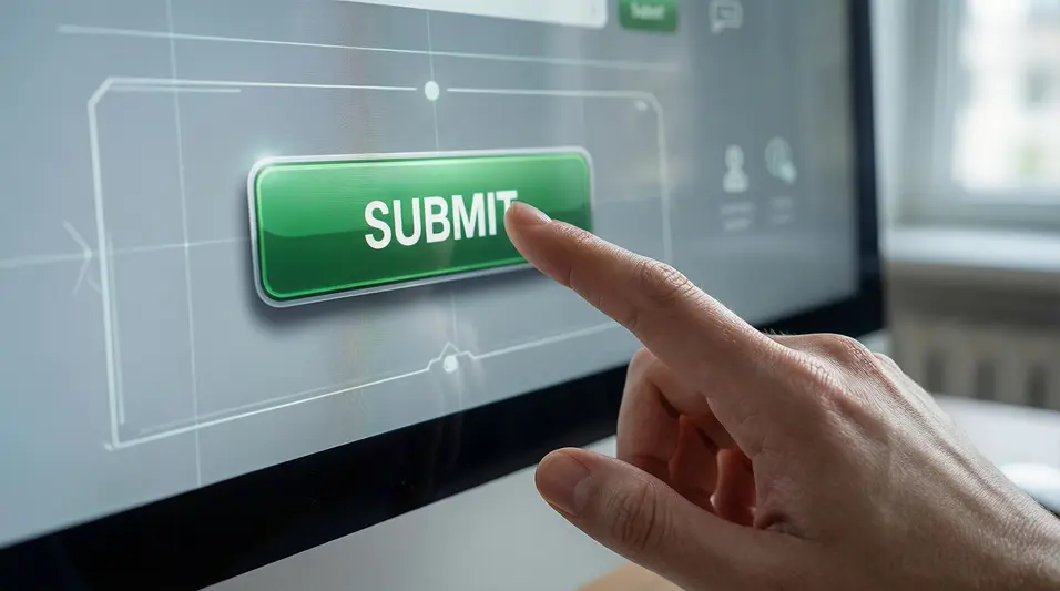 Mano haciendo clic en un botón de enviar en pantalla de ordenador