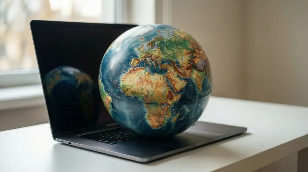 Globo terráqueo junto a un ordenador portátil representando actividad internacional