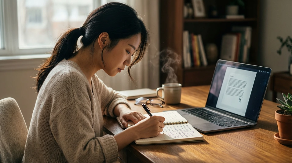 Persona tomando notas en un cuaderno junto a un ordenador portátil