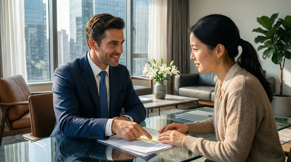Profesional asesorando a un cliente en una oficina moderna