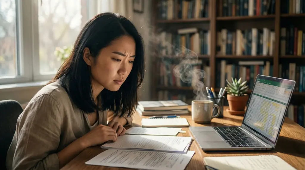 Persona revisando documentos con expresión pensativa frente a un ordenador