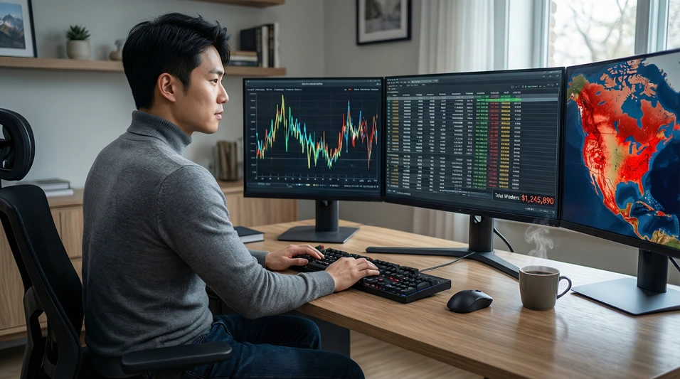 Persona analizando datos en múltiples pantallas de ordenador