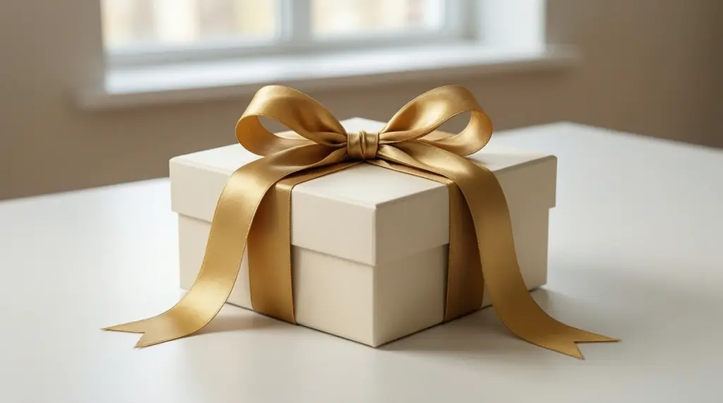 Regalo con lazo sobre un escritorio representando un bono promocional