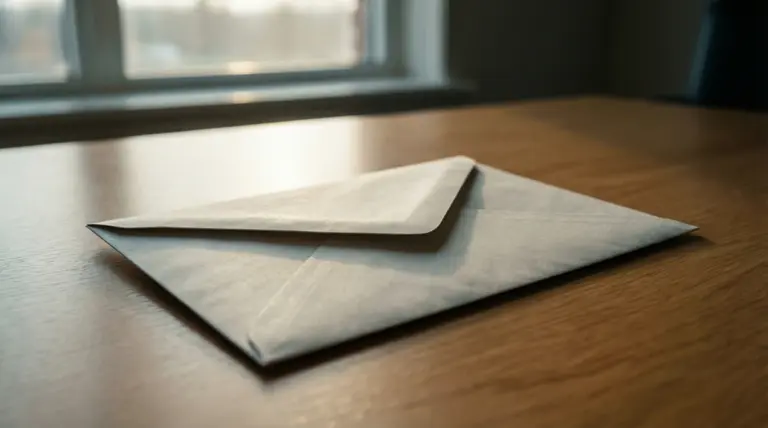 Sobre oficial con membrete de administración sobre un escritorio