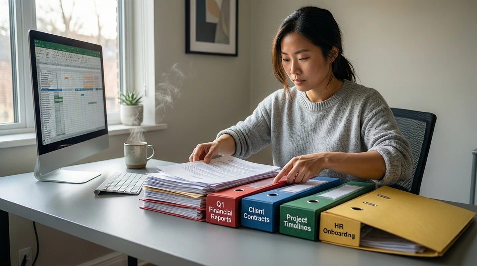 Persona organizando documentos y archivos en un escritorio ordenado