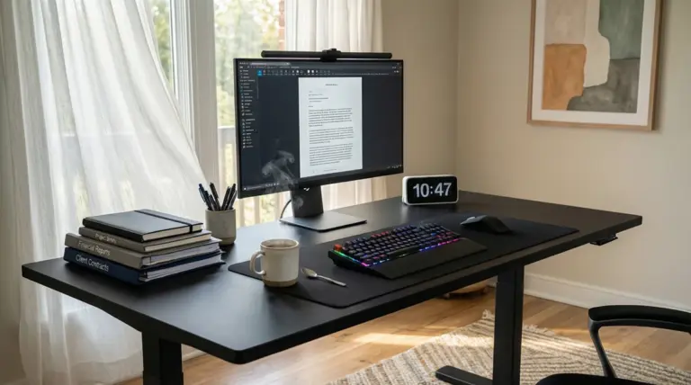 Escritorio profesional con ordenador y documentos de trabajo