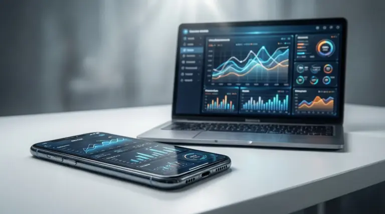 Smartphone y ordenador portátil mostrando aplicaciones de seguimiento