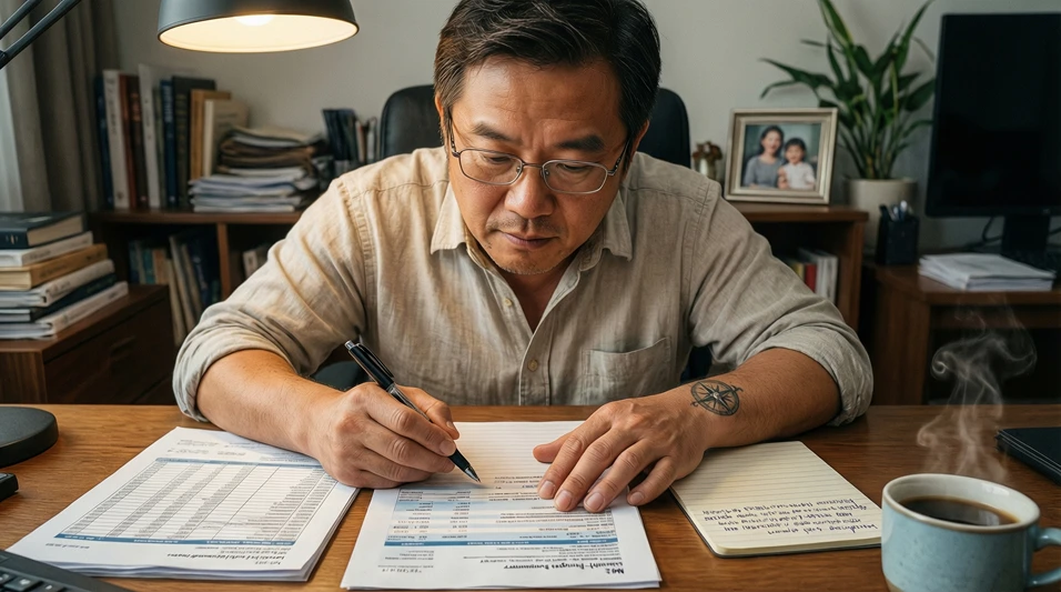 Persona comparando documentos bancarios y extractos en un escritorio iluminado