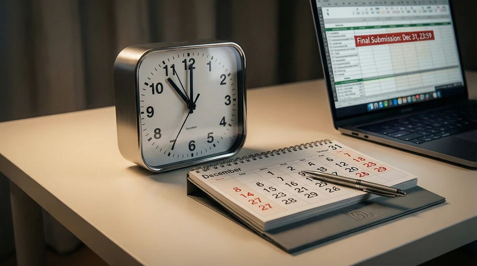 Reloj y calendario mostrando fin de año