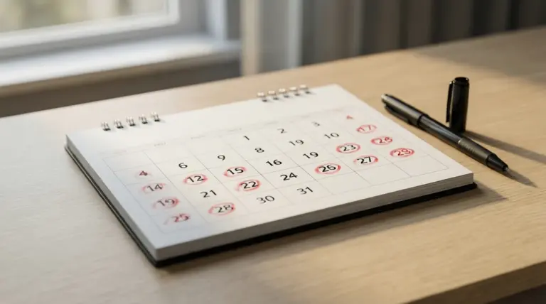 Calendario de escritorio con fechas marcadas junto a un bolígrafo