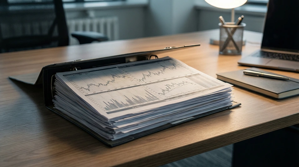 Carpeta con documentos e informes de trading organizados