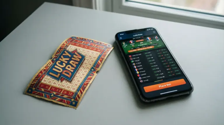 Boleto de lotería y smartphone con app de apuestas lado a lado