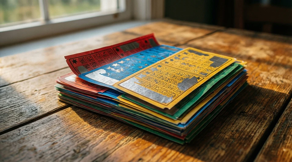 Boletos de lotería apilados sobre una mesa