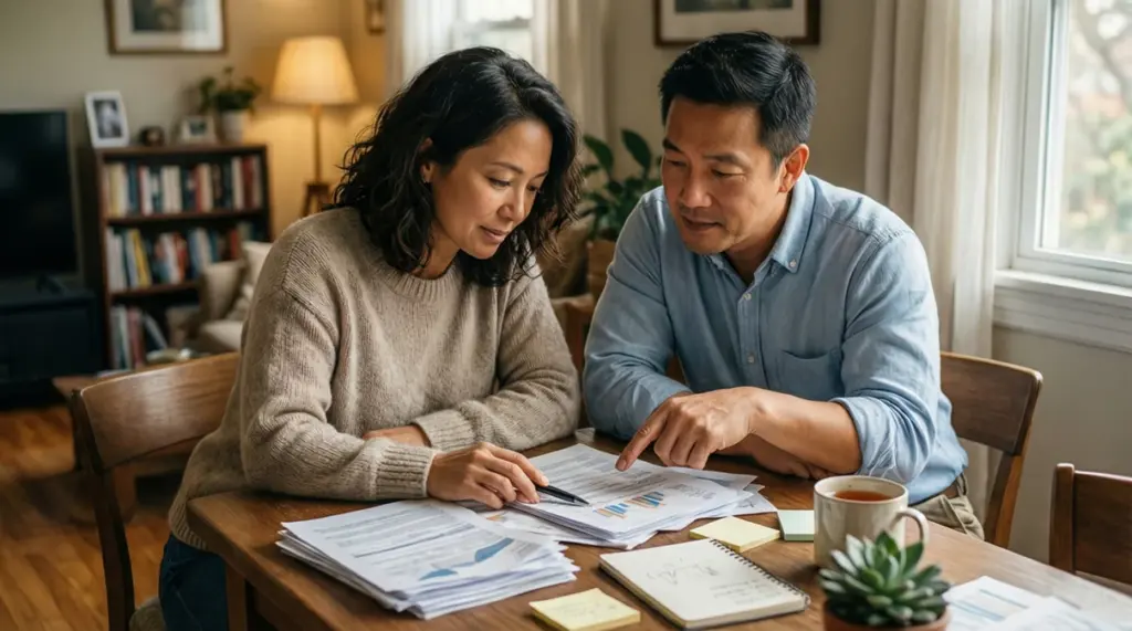 Pareja revisando documentos financieros juntos en casa