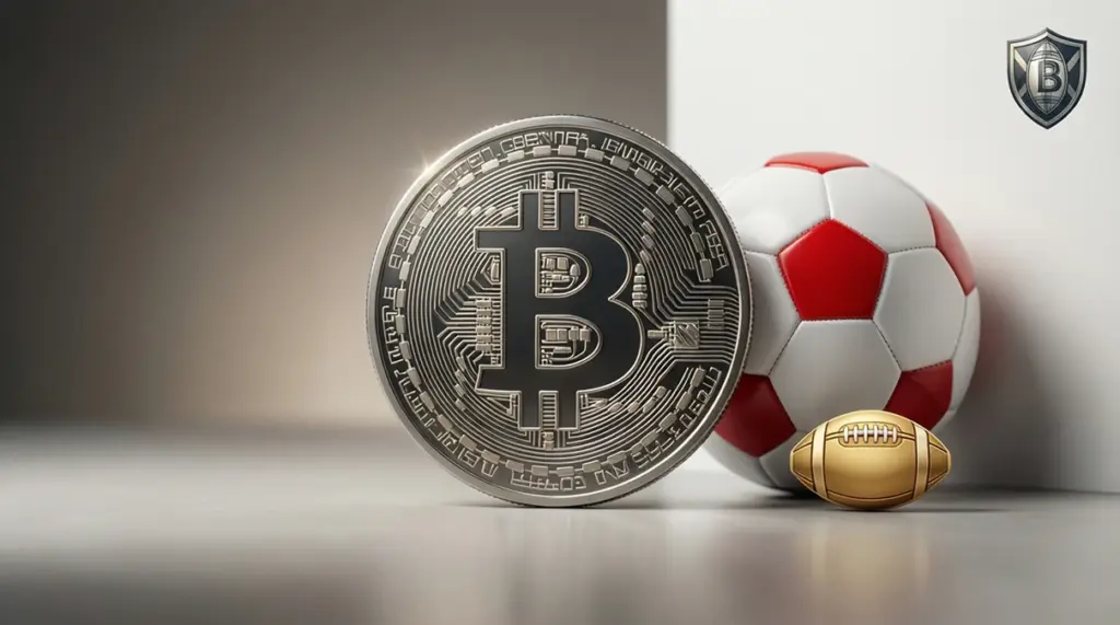 Símbolo de Bitcoin junto a elementos de apuestas deportivas