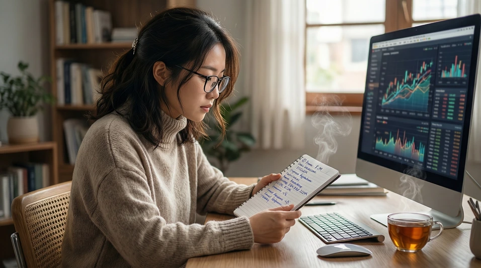 Persona tomando notas mientras revisa información en pantalla