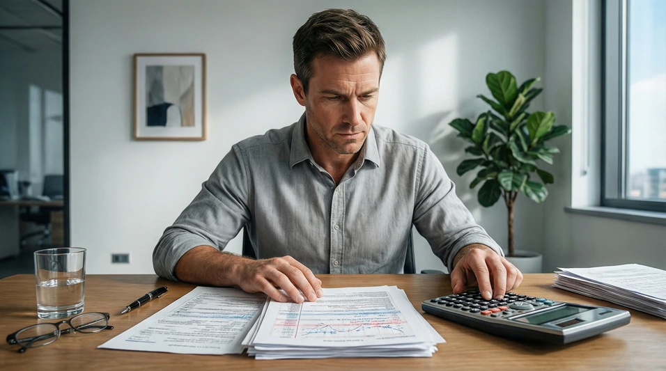 Persona usando calculadora junto a documentos