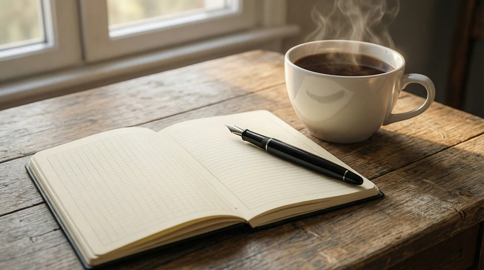 Cuaderno de notas junto a una taza de café