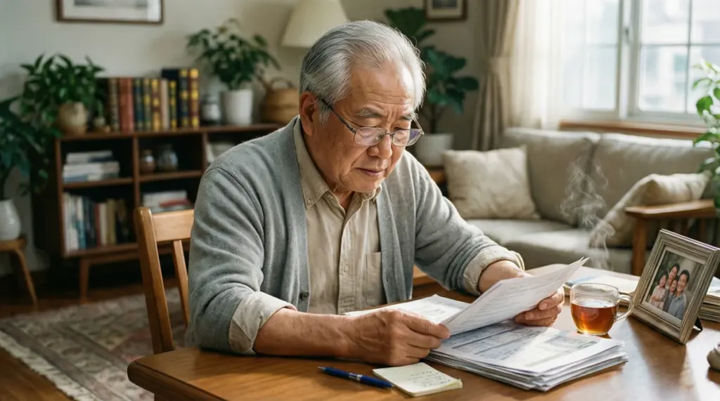 Persona mayor revisando documentos financieros en casa