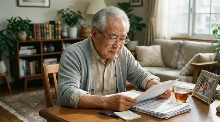 Persona mayor revisando documentos financieros en casa
