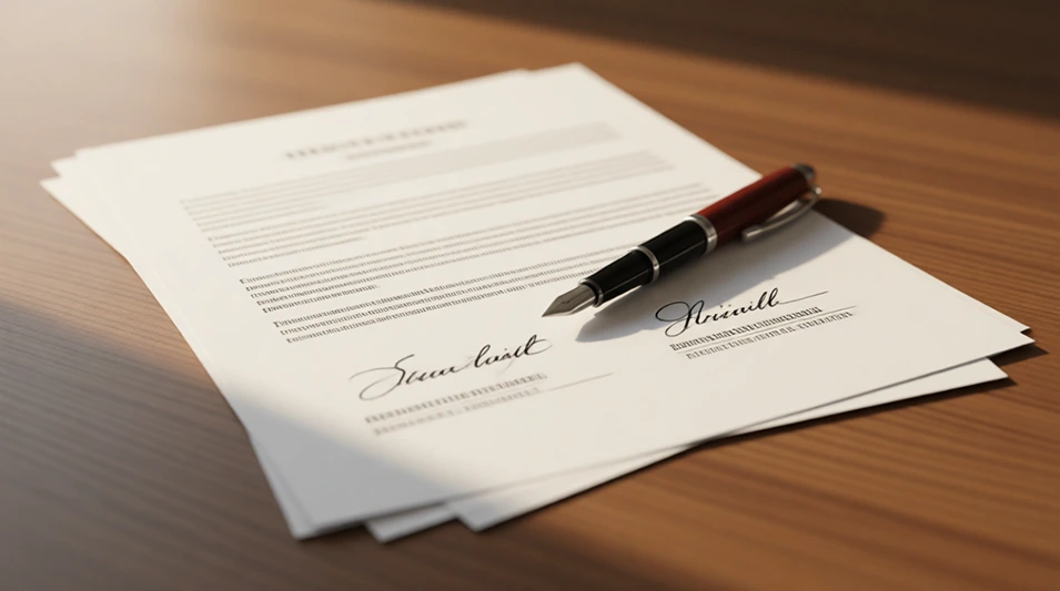 Documento con firmas y bolígrafo sobre una mesa