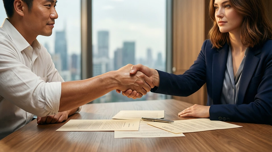 Manos estrechándose sobre una mesa con papeles