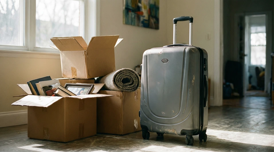 Maleta junto a cajas de mudanza