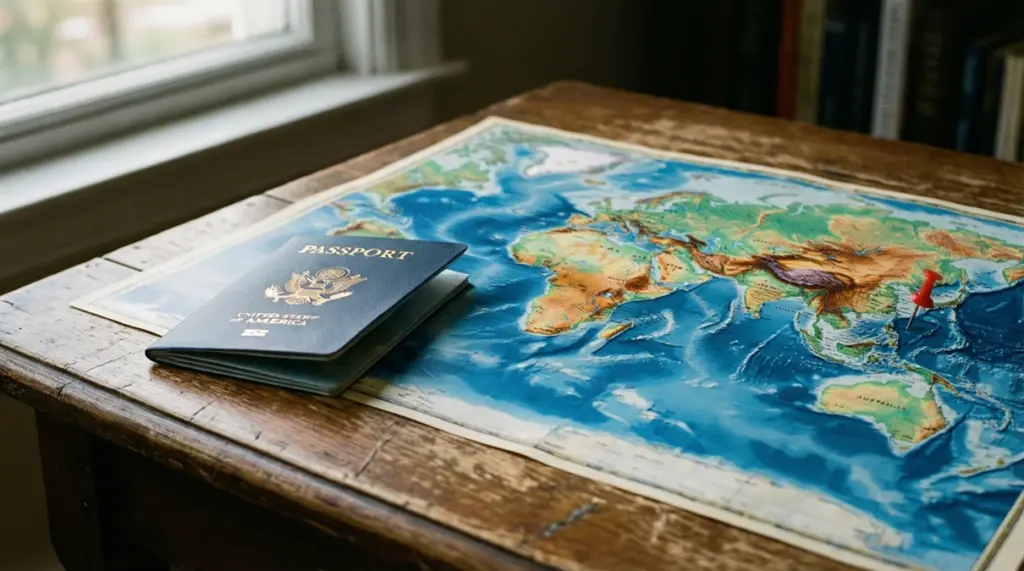 Pasaporte junto a un mapa del mundo sobre una mesa