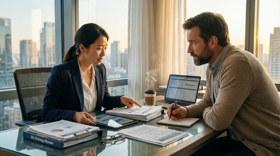 Persona consultando documentos con un asesor profesional