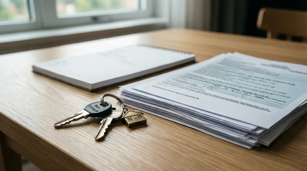 Llaves de casa junto a documentos financieros sobre una mesa