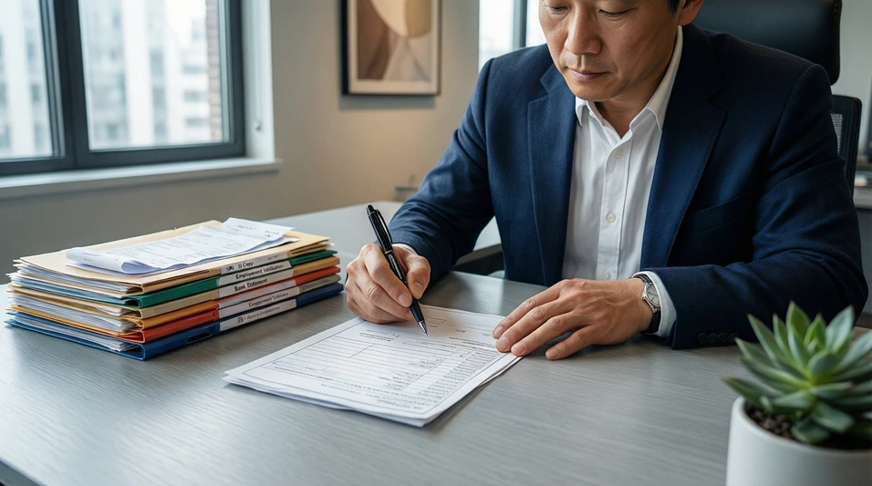 Persona rellenando un formulario fiscal en un escritorio ordenado con documentos de apoyo