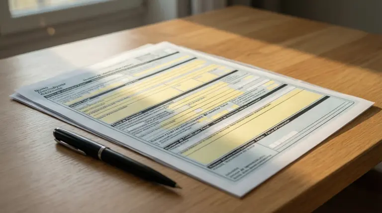 Formulario oficial de declaración de la renta con secciones destacadas sobre una mesa de trabajo