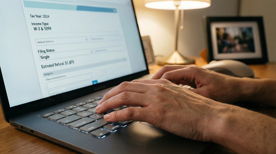 Manos escribiendo en un teclado de ordenador con pantalla mostrando un formulario digital