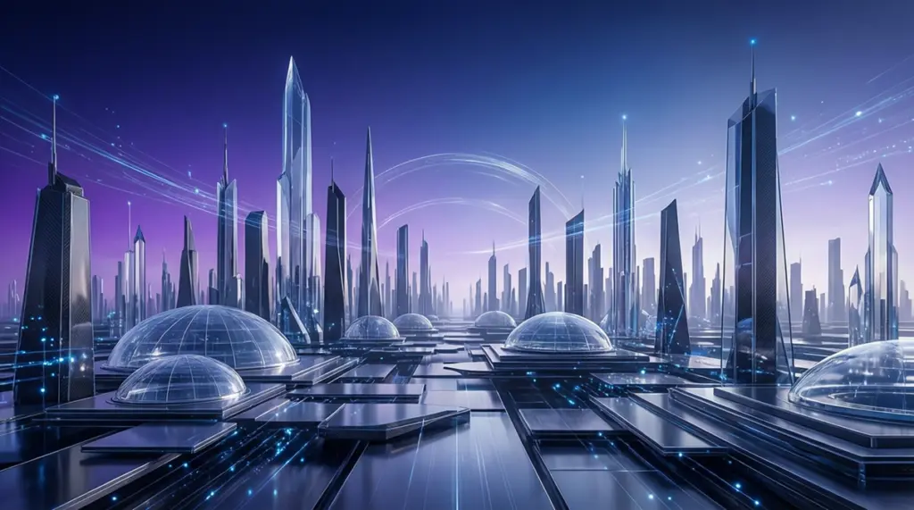 Horizonte futurista con elementos de tecnología y finanzas