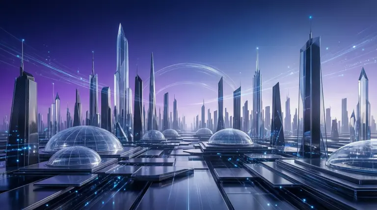 Horizonte futurista con elementos de tecnología y finanzas