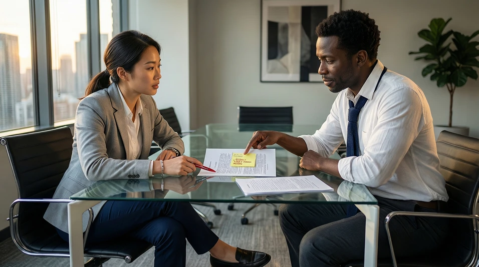 Dos personas revisando documentos juntas en una mesa de trabajo profesional