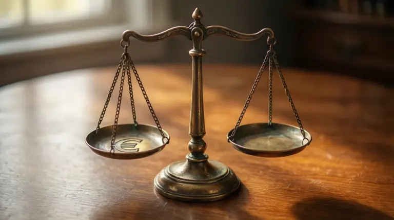 Balanza de bronce equilibrada con símbolo del euro, representando umbrales fiscales